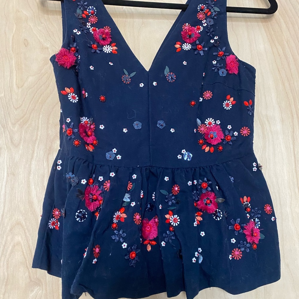 J. Crew Navy Floral Embroidered Tank Top